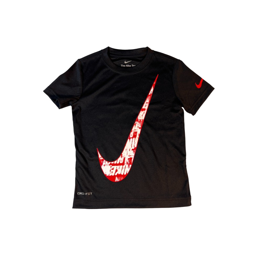 Nike Tee Short Sleeve Black Shirt Boys Size 4 Black with Red & White Swoosh Logo